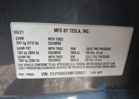 2021 Tesla Model Y Long Range Dual Motor All-Wheel Drive z USA, uszkodzony, nr VIN 5YJYGDEE8MF209021